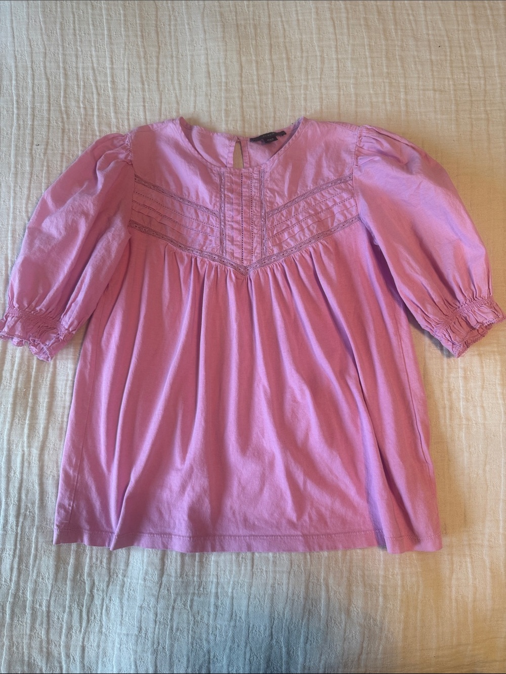 J.Crew XXS Pink Pintuck Lace Puff Sleeve Peasant Blouse Top